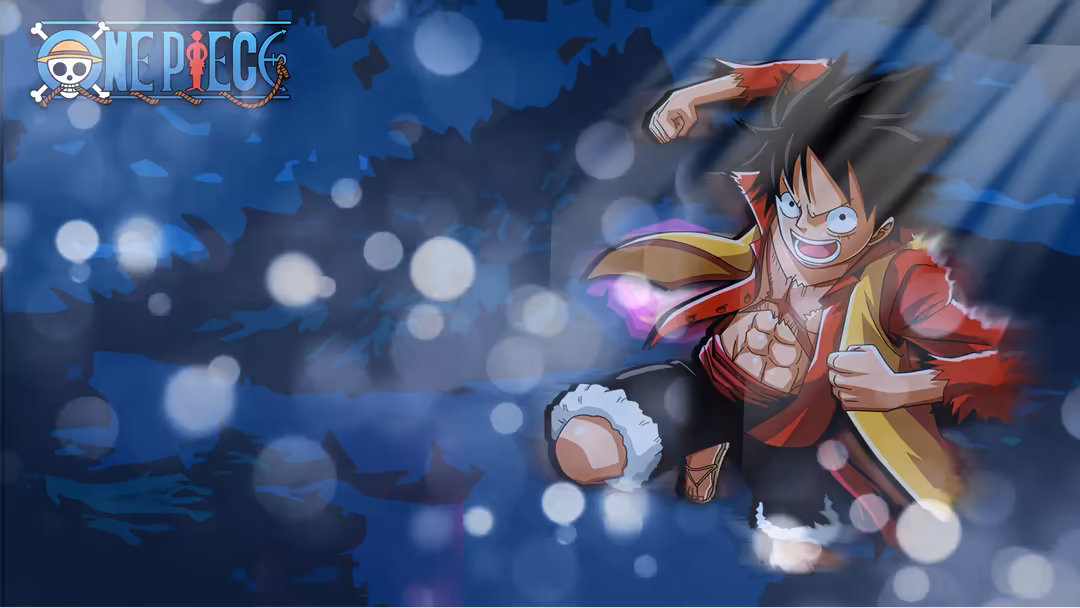 Monkey D. Luffy in red jacket and yellow shirt striking a dynamic pose with glowing purple energy effects against blue bokeh