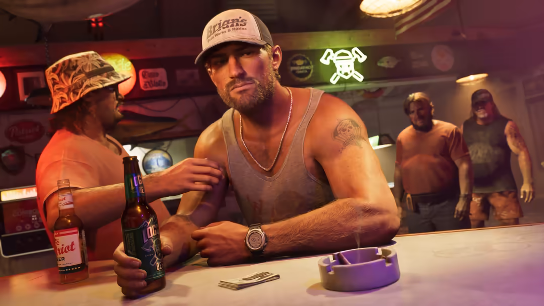 A tattooed man in a cap holds beer bottles at a neon-lit bar counter, surrounded by glowing signs and other people in a dark,