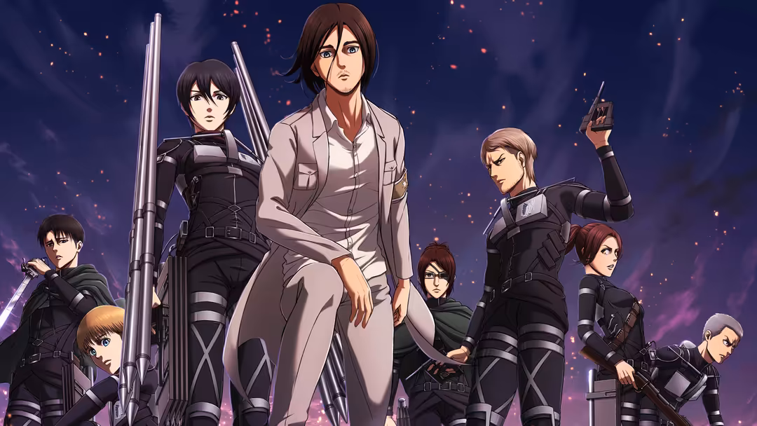 Mikasa Ackerman with anime squad members wielding blades in dramatic purple night sky with glowing embers and sparkling stars