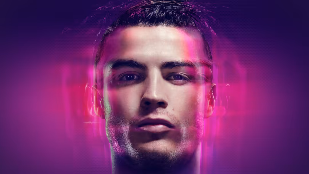 Cristiano Ronaldo portrait with dramatic neon pink and purple lighting against a dark background, intense gaze and serious ex