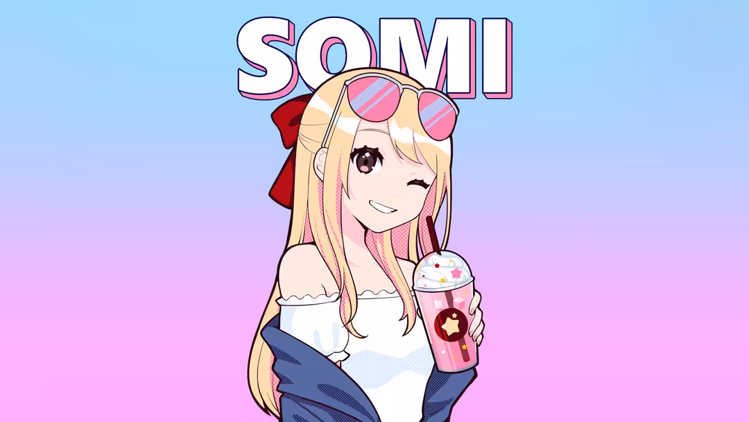 Anime character with blonde hair and pink sunglasses holds a colorful drink against a blue-to-pink gradient background with…