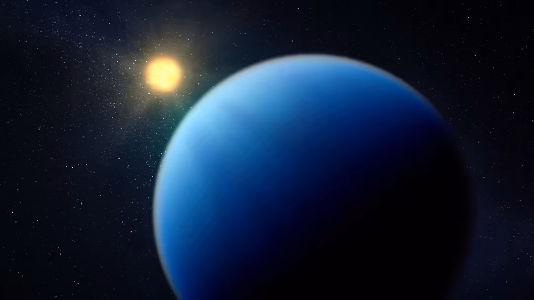 Blue exoplanet with glowing yellow star in starry space background, depicting distant alien world in cosmos