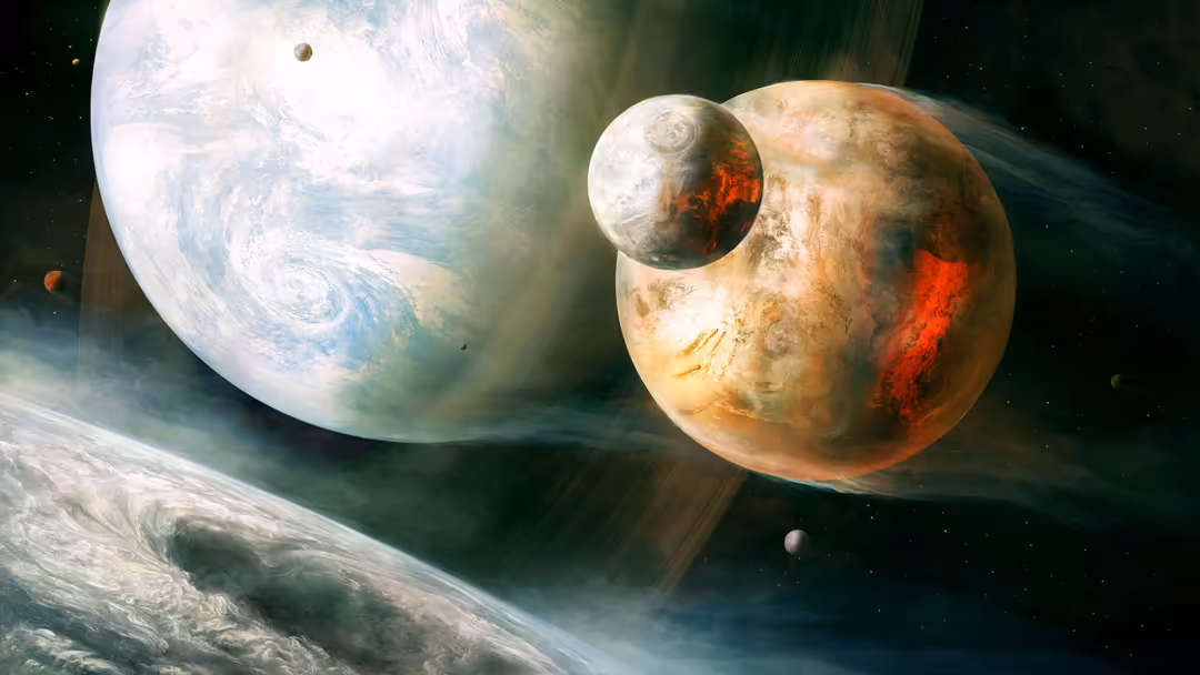 Sci-fi space scene with massive gas giant displaying red volcanic features, orbiting moon, and distant white planet against d