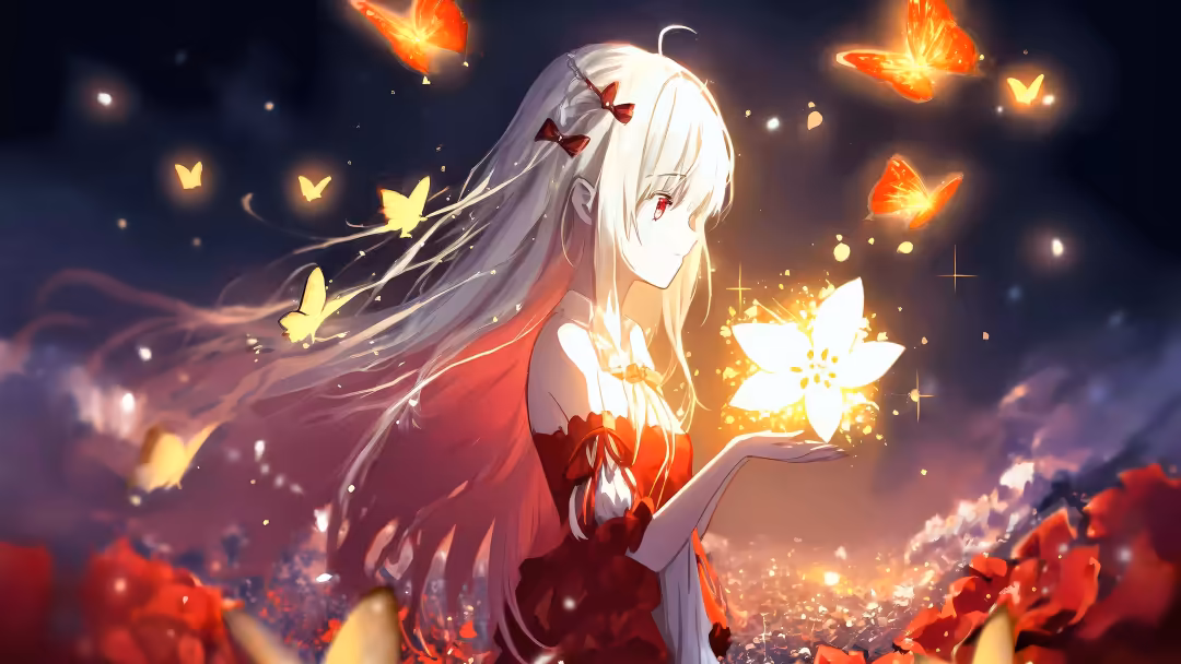 anime illustration of a character with white hair and red bows holding a glowing white flower, surrounded by golden and…