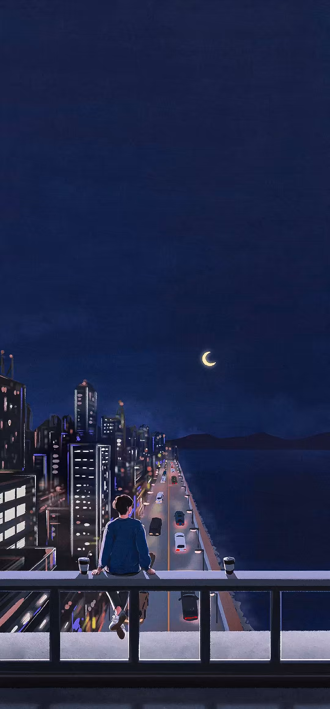 Solitary Figure City Night Moon — vertical neon city Full HD wallpaper