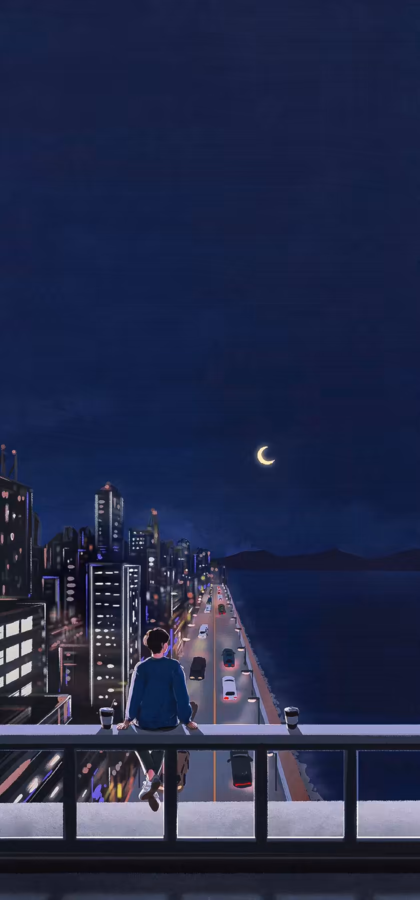 Solitary Figure City Night Moon
