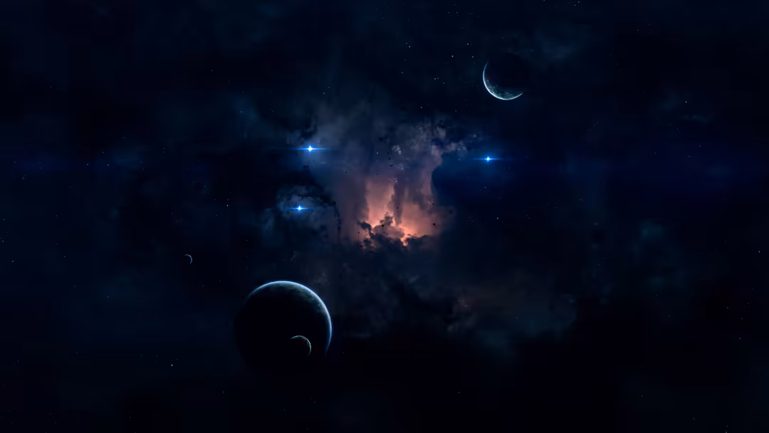 Dark cosmic scene with glowing nebula, planets with blue light rings, crescent moons, and bright stars scattered across space