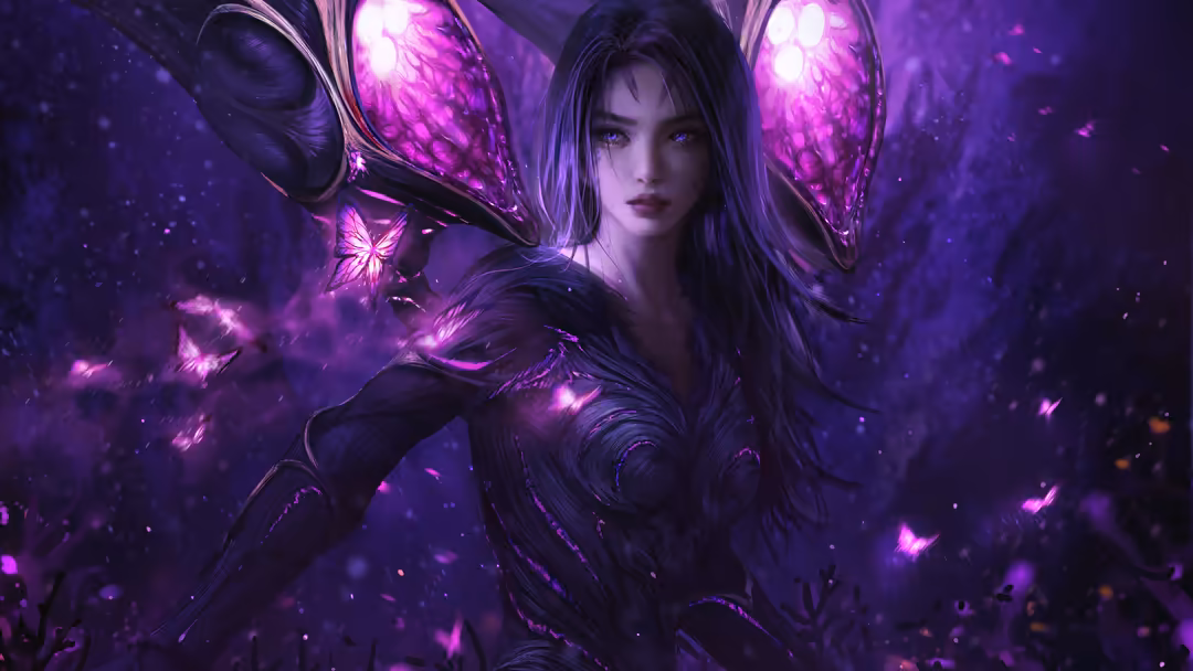 Kai'Sa from League of Legends in futuristic purple armor with glowing neon accents, surrounded by magical void energy and flo