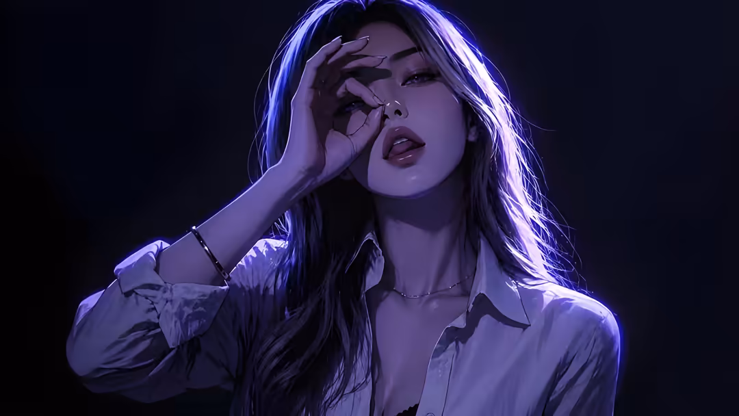 Digital portrait of a girl with long dark hair under purple neon lighting, wearing a collared shirt with a contemplative expr