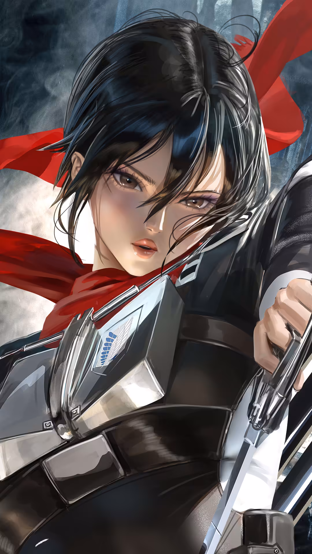 Anime character Mikasa Ackerman with black hair and intense gaze, wearing dark outfit with red scarf flowing dramatically aga
