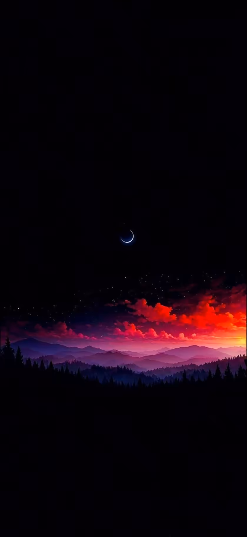 Crescent Moon Mountains Fiery Sunset