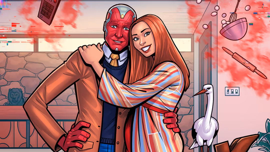 Comic book style illustration of a woman with long red hair and a red-skinned man in formal attire, surrounded by household o