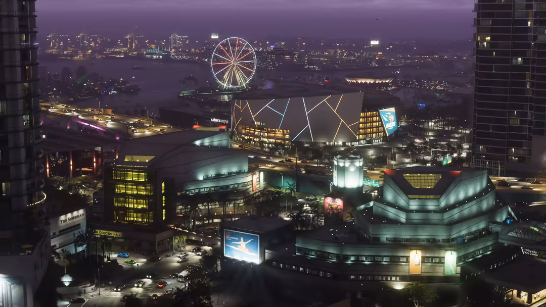 Nighttime cityscape with illuminated buildings, ferris wheel, and neon signage reflecting the vibrant urban atmosphere of a m