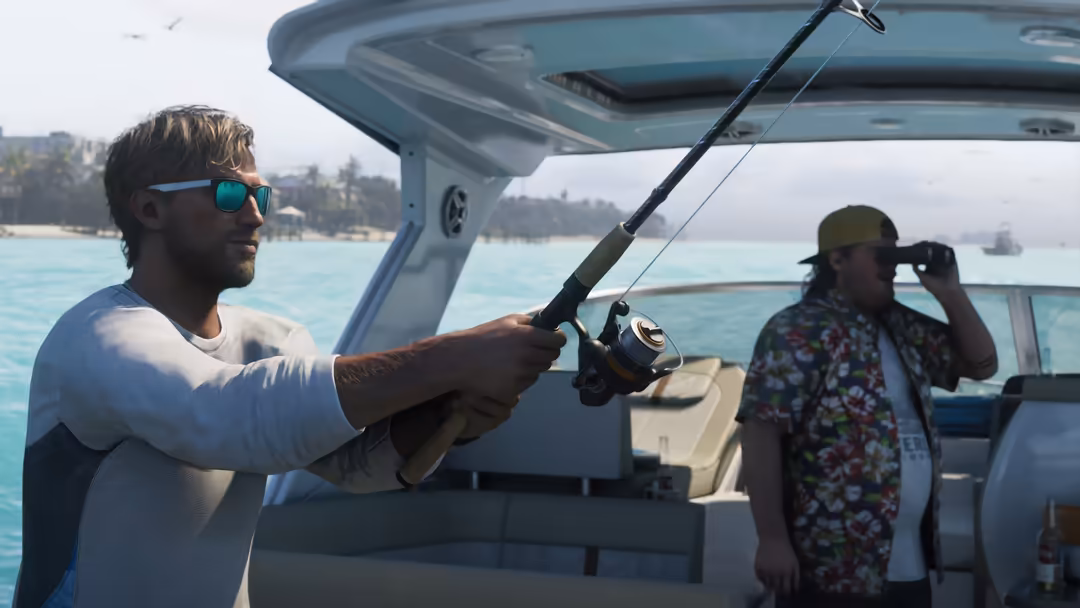 Man holding fishing rod on boat with turquoise water and tropical shoreline, another person in floral shirt observing the sce