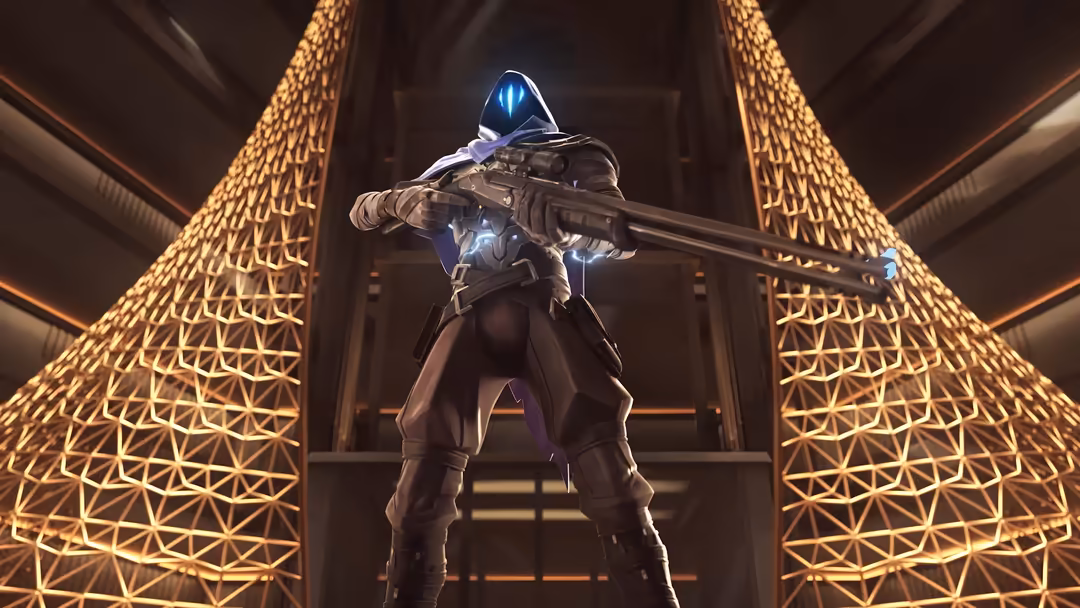 Tactical operative character Omen from Valorant standing with rifle in golden geometric corridor with glowing blue visor and