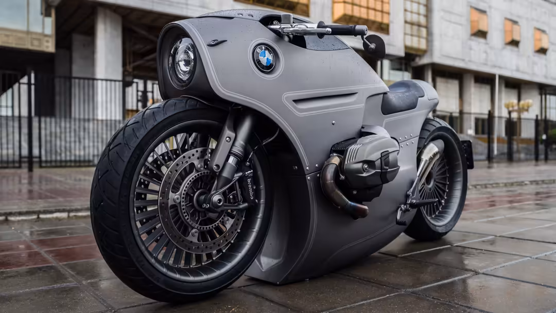 Futuristic gray concept motorcycle with streamlined body design, large black wheels, and BMW logo displayed on urban plaza pa