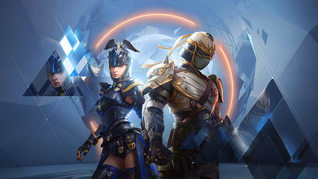 Three armored PUBG elite warriors in golden and blue tactical gear, glowing with neon effects against geometric blue backdrop