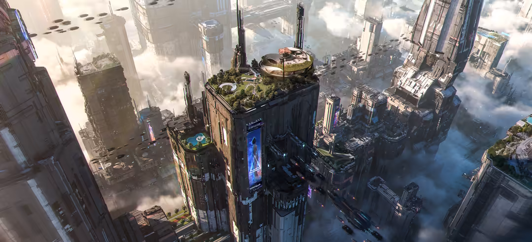 Futuristic cyberpunk city with towering skyscrapers, neon signs, rooftop gardens, and atmospheric mist covering the urban lan