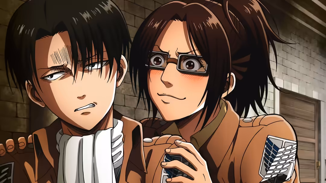 Levi Ackerman with a serious expression wearing glasses and brown military jacket in a dimly lit brick interior setting