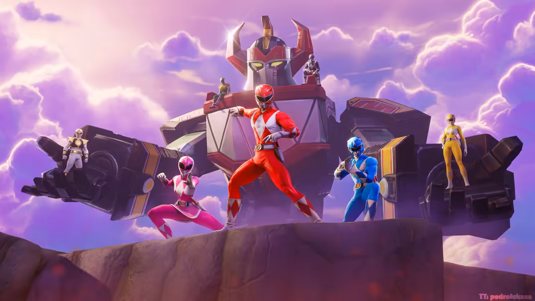 Colorful superhero squad posed dramatically on rocky terrain with giant robot and purple cloudy sky backdrop