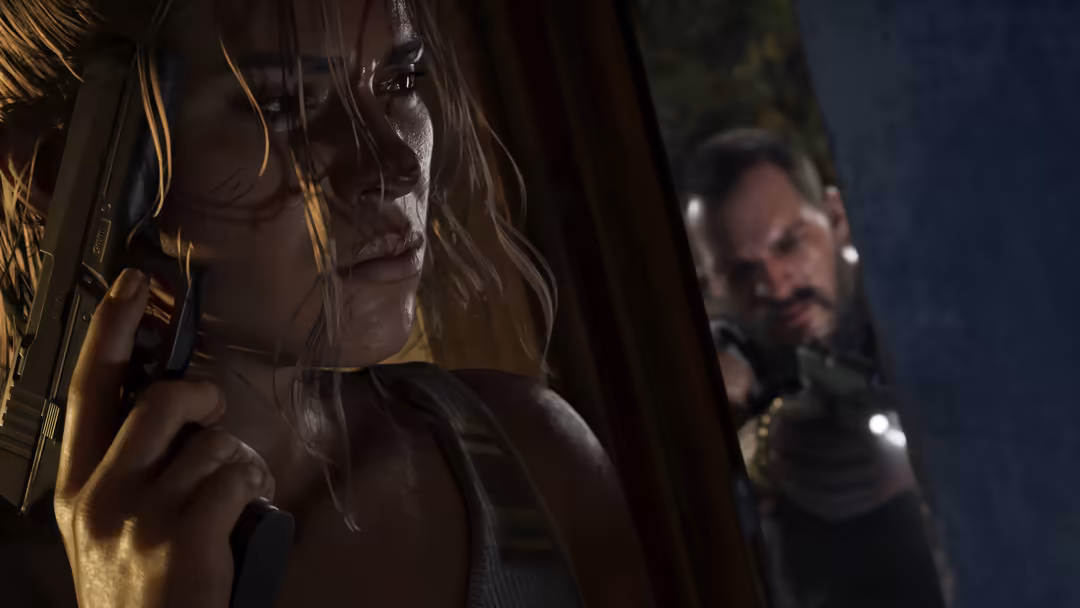 Woman with backpack in golden light faces blurred armed figure in dark urban setting, cinematic crime drama atmosphere