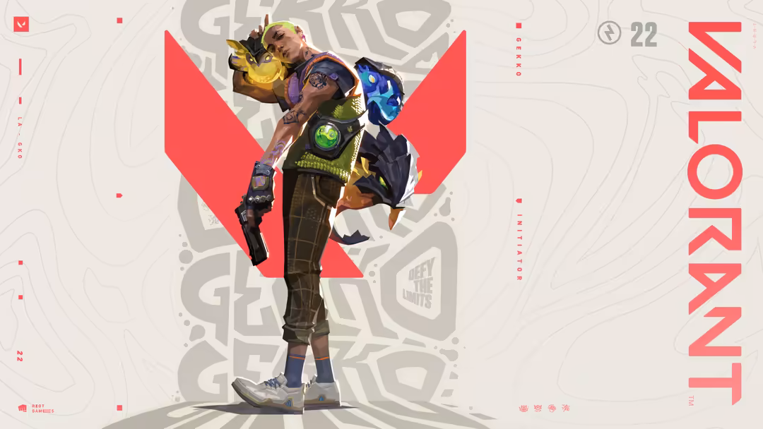 Valorant agent Gekko in tactical gear with neon pink and yellow accents, holding weapons against geometric background design