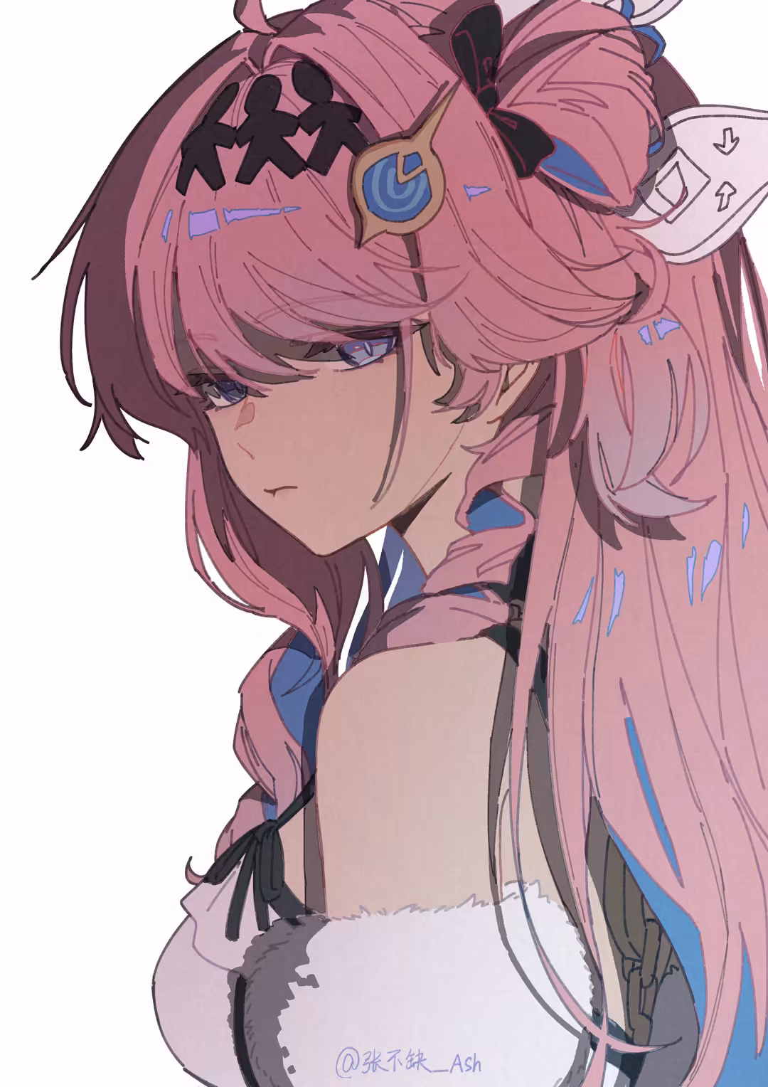 Anime character portrait of Denia with long pink hair, blue hair ornaments, and elegant features against a white background