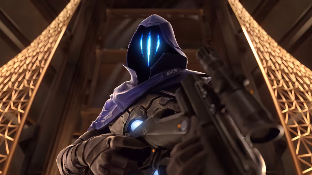 Hooded figure with glowing blue eyes and neon accents in futuristic tactical suit standing in arched corridor with golden lig