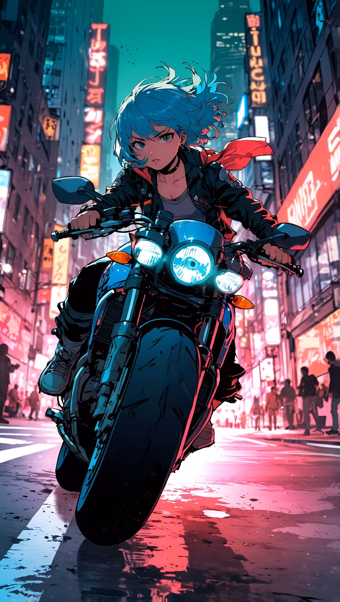 Anime character with teal hair riding a futuristic motorcycle through neon-lit cyberpunk city streets with glowing pink and b