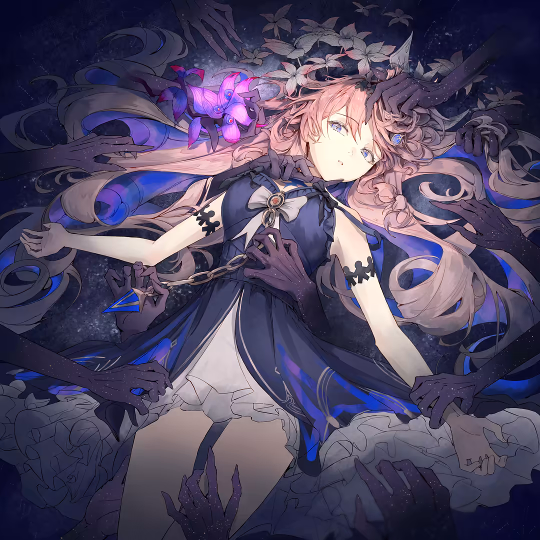 Anime character Denia with flowing pink hair surrounded by glowing purple and blue magical elements, ornate floral patterns,