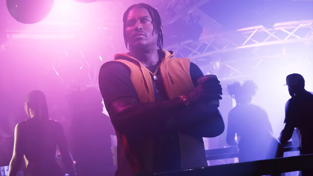 Stylized figure in orange jacket at vibrant neon nightclub with purple and pink lighting, surrounded by silhouetted figures i
