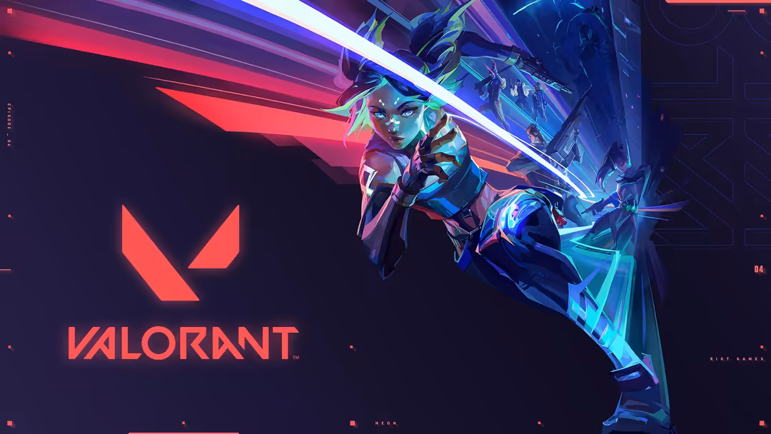 Valorant agents in vibrant neon cyberpunk armor with glowing cyan and magenta accents, striking dynamic poses in a futuristic
