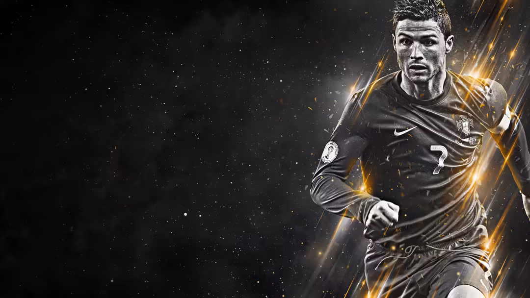 soccer player in black jersey number 7 surrounded by golden light streaks and particles against a starry black background.