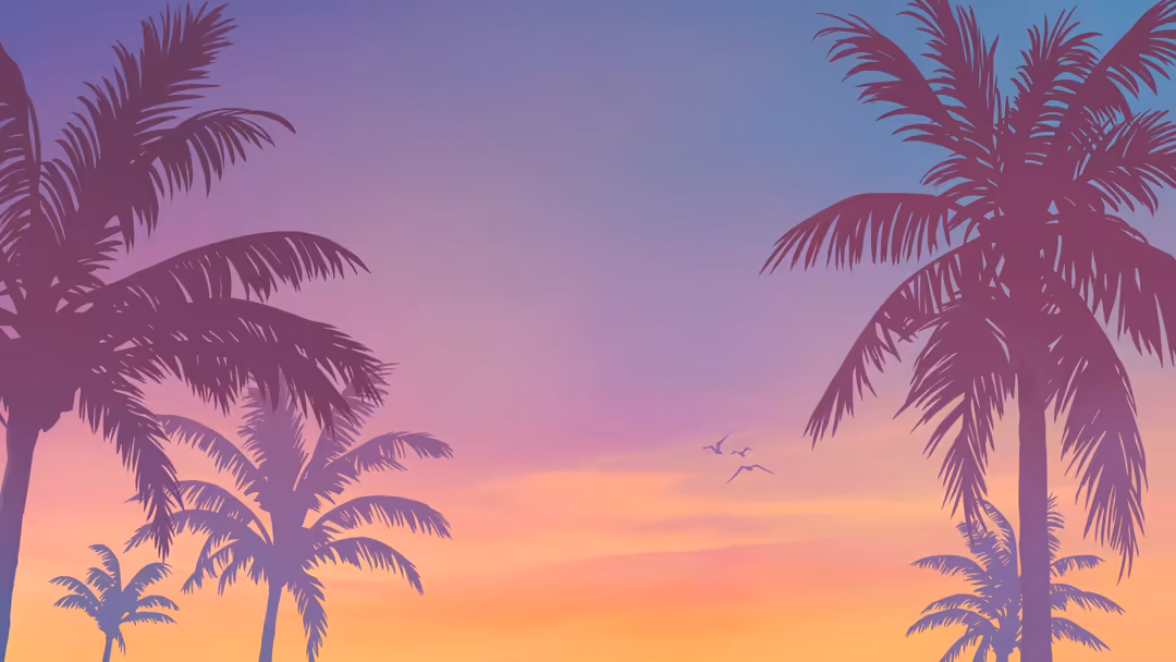 Silhouetted palm trees against a vibrant gradient sky transitioning from purple and pink to orange and yellow at sunset with