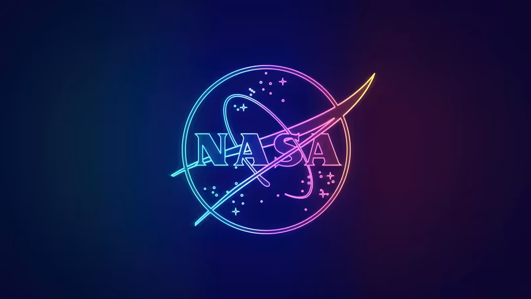 Neon glowing NASA logo with cyan and magenta lines on dark blue space background with stars and geometric elements
