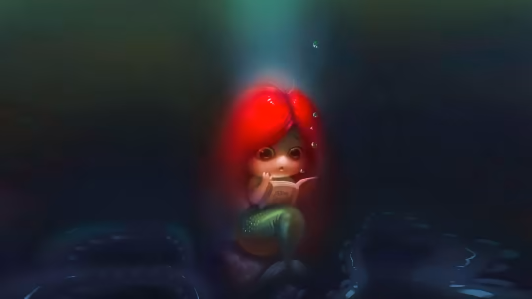 Cute character with luminous red hair and glowing aura against a dark atmospheric background, holding something small
