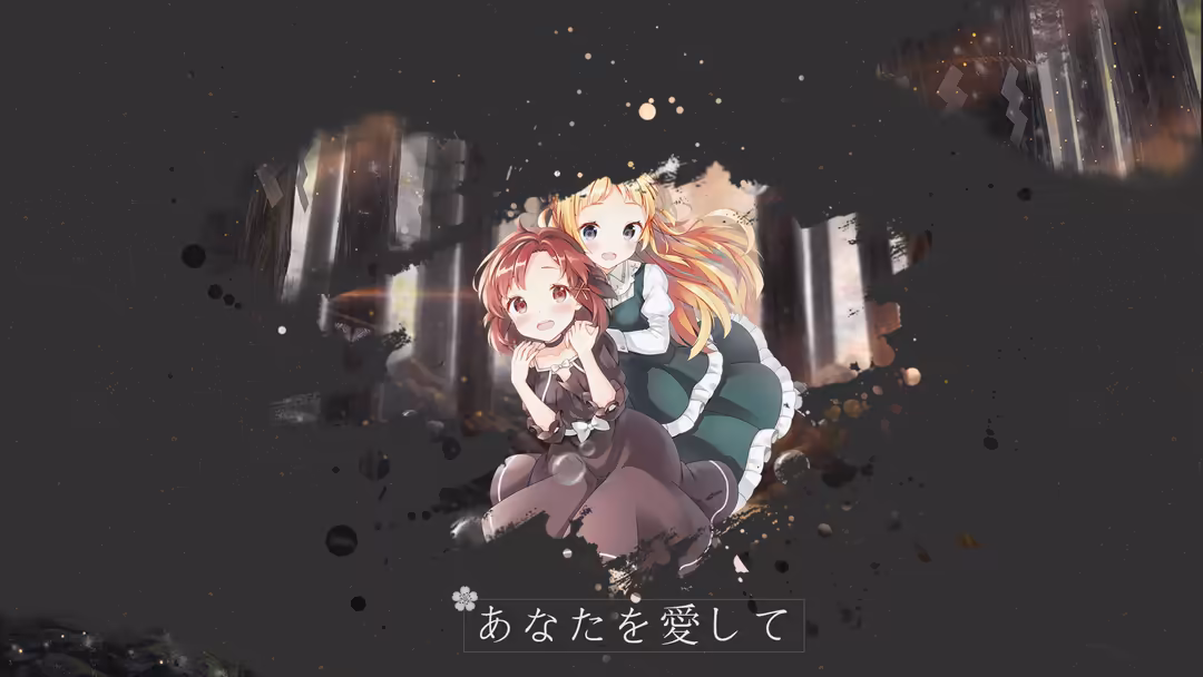 Two anime girls with red and blonde hair smiling together against a dark starry background with glowing particles and Japanes