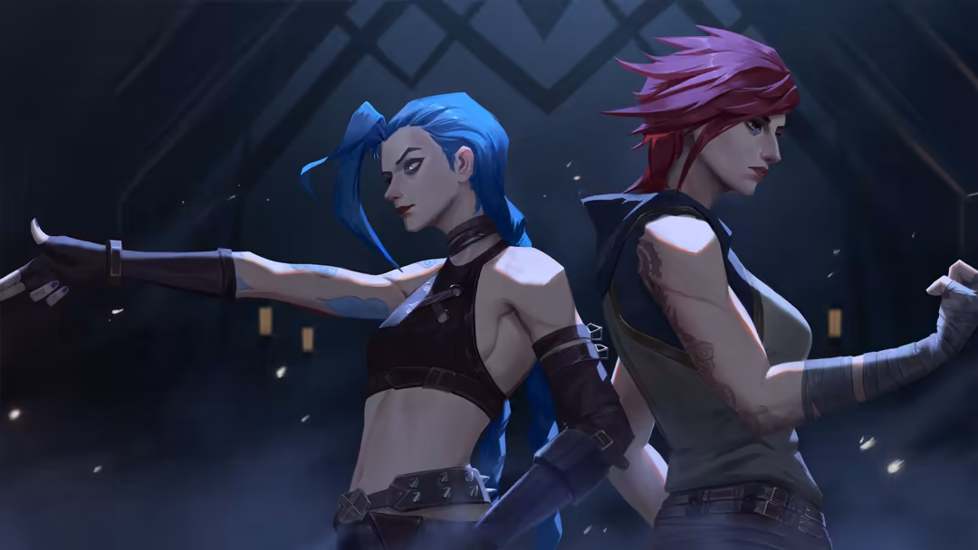 Two animated female characters with blue and purple hair in tactical gear, posed back-to-back in a combat stance against dark