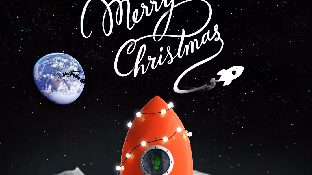 Festive space scene with illuminated red rocket, Earth planet, white rocket ship, and elegant Merry Christmas script on starr