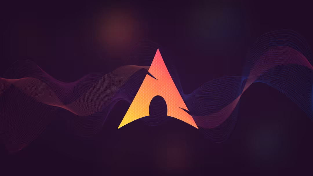 Abstract cyberpunk illustration featuring a glowing neon arrow pointing upward with warm gradient colors against dark wavy di