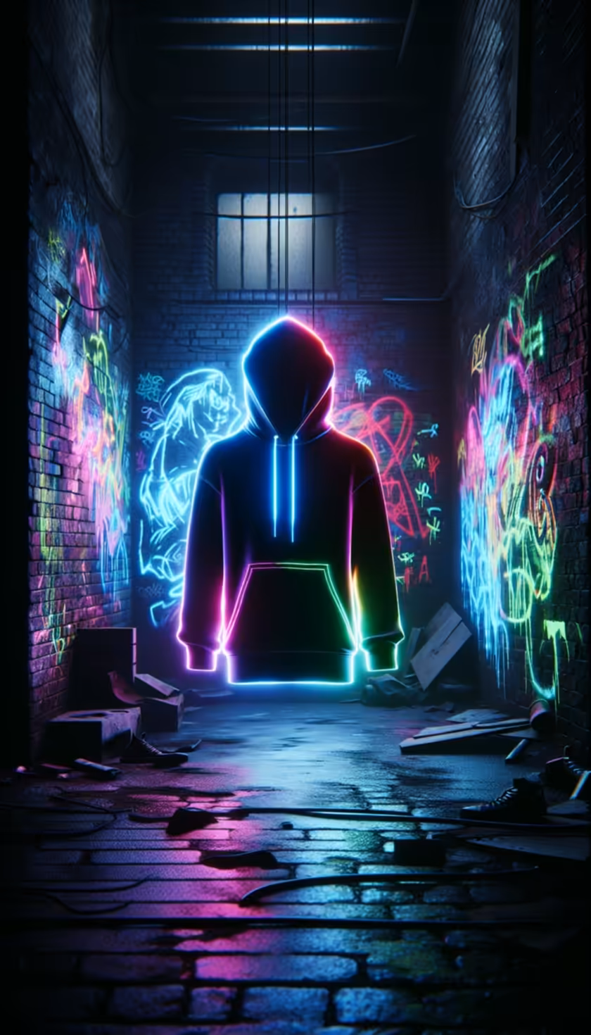 Neon Hoodie Figure Urban Alley — vertical mecha HD wallpaper