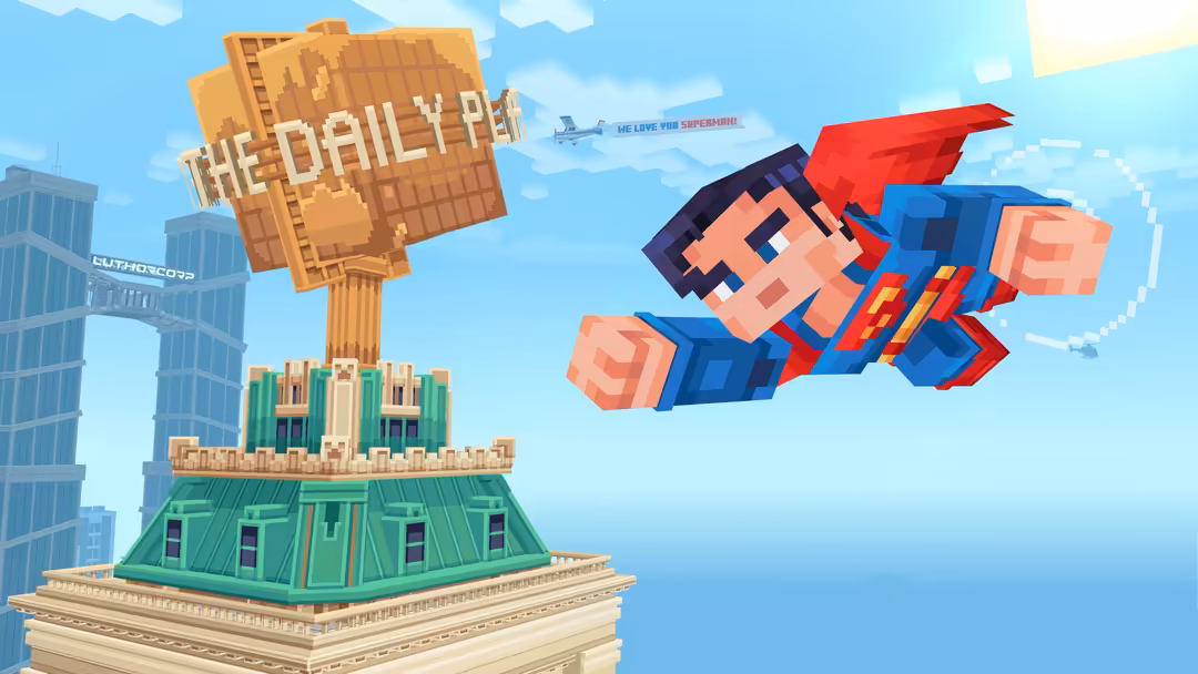 Pixelated superhero character with red cape flying over stacked green and brown blocky terrain in Minecraft style landscape