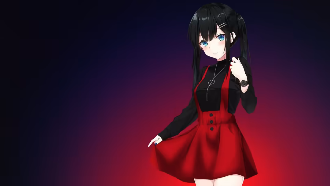 Anime girl with long black hair and turquoise eyes wearing a red dress with black jacket and white collar against a deep purp