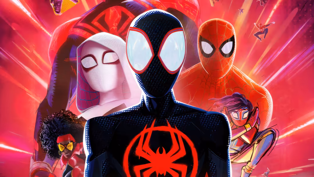 Three Spider-Man variants in vibrant neon pink and red lighting with dynamic action poses and glowing effects throughout the