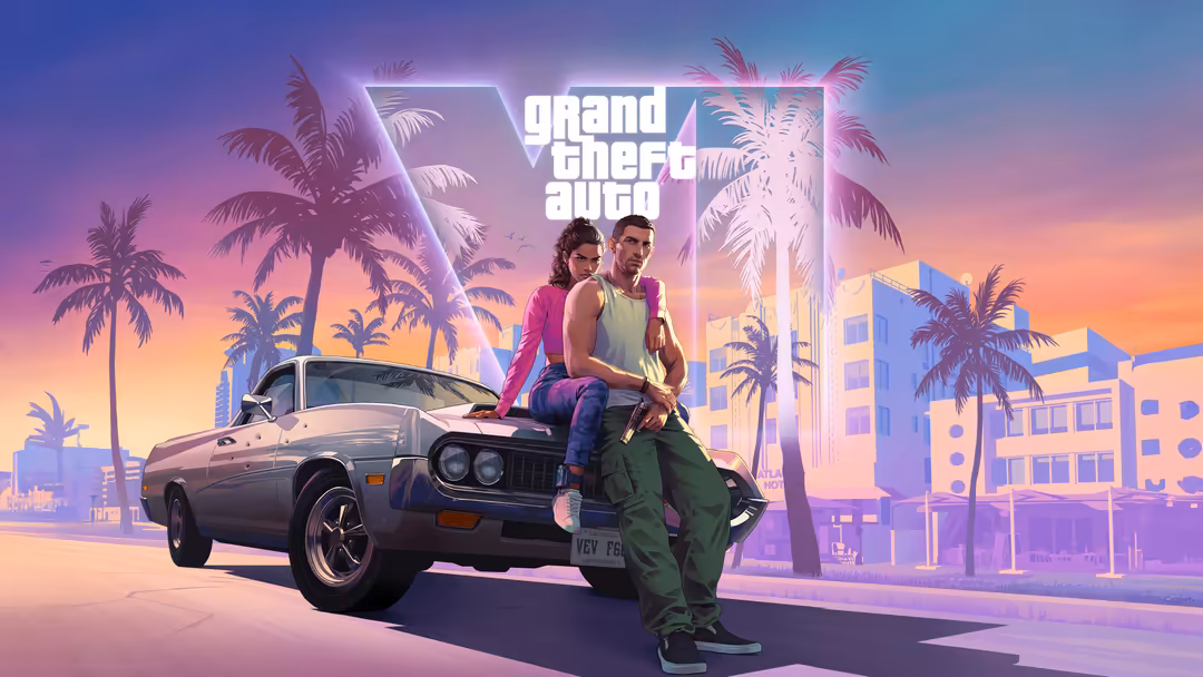 Two characters posing on a classic car in a neon-lit Miami cityscape with palm trees, purple and pink gradient sky, and futur