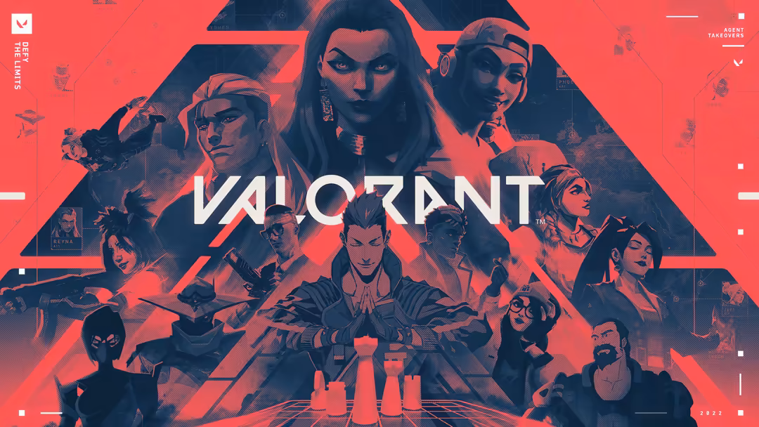 Vibrant red and dark blue Valorant agents in dynamic tactical poses with neon geometric elements and game logo