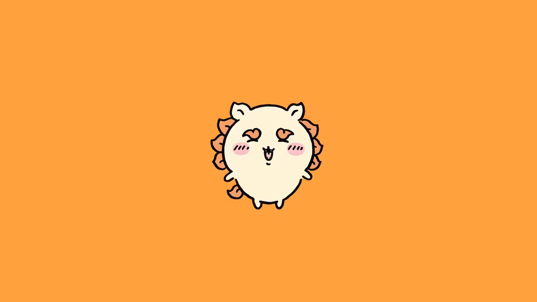 Cute kawaii lion character with cream-colored face, rosy cheeks, and closed happy eyes on warm orange background with minimal