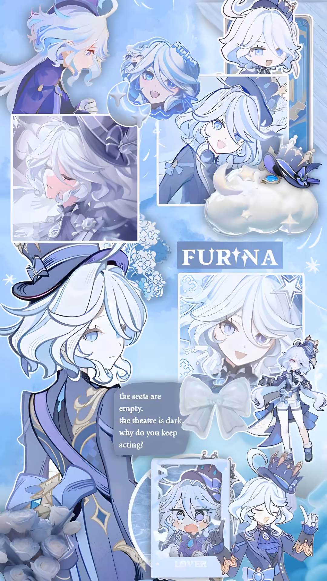 Anime character collage featuring Furina with silver hair in blue and purple theatrical costumes against a dreamy cloud backg
