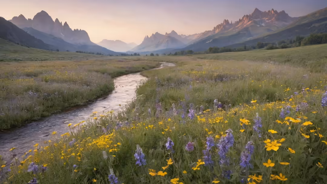 Serene alpine meadow with purple and yellow wildflowers, winding stream, and jagged mountain peaks at sunrise
