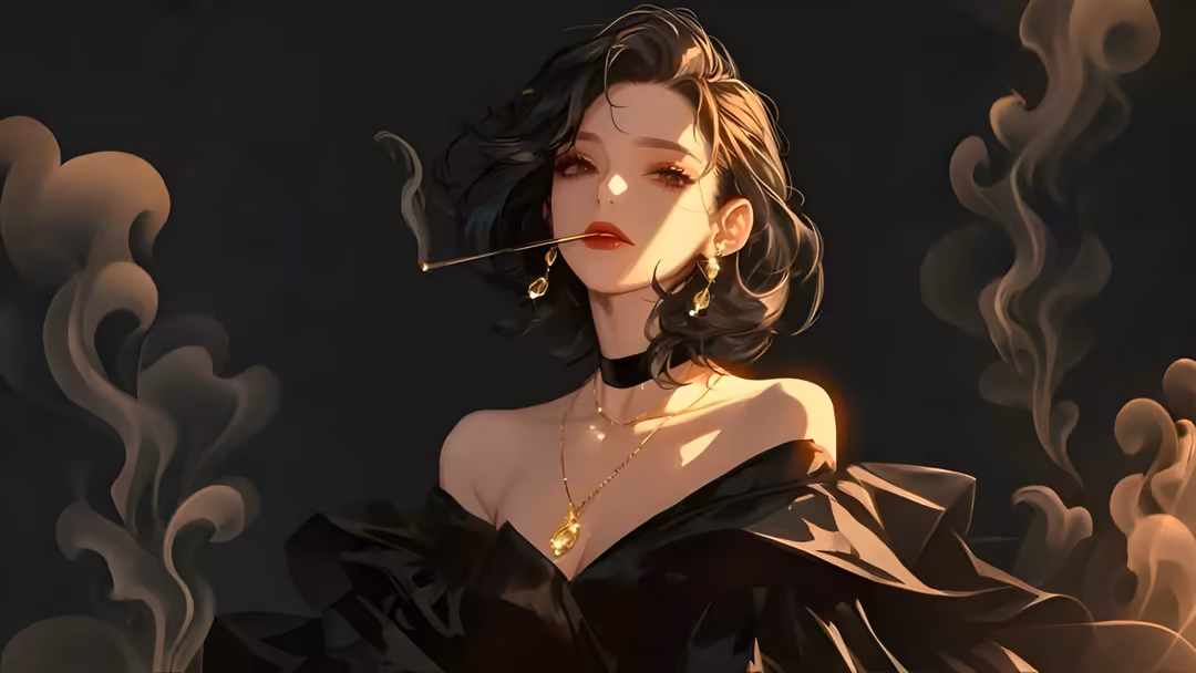 Elegant woman with dark wavy hair wearing black attire and gold jewelry, smoking against warm golden lighting with smoky atmo